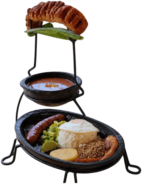 Bandeja Paisa served on a tiered stand